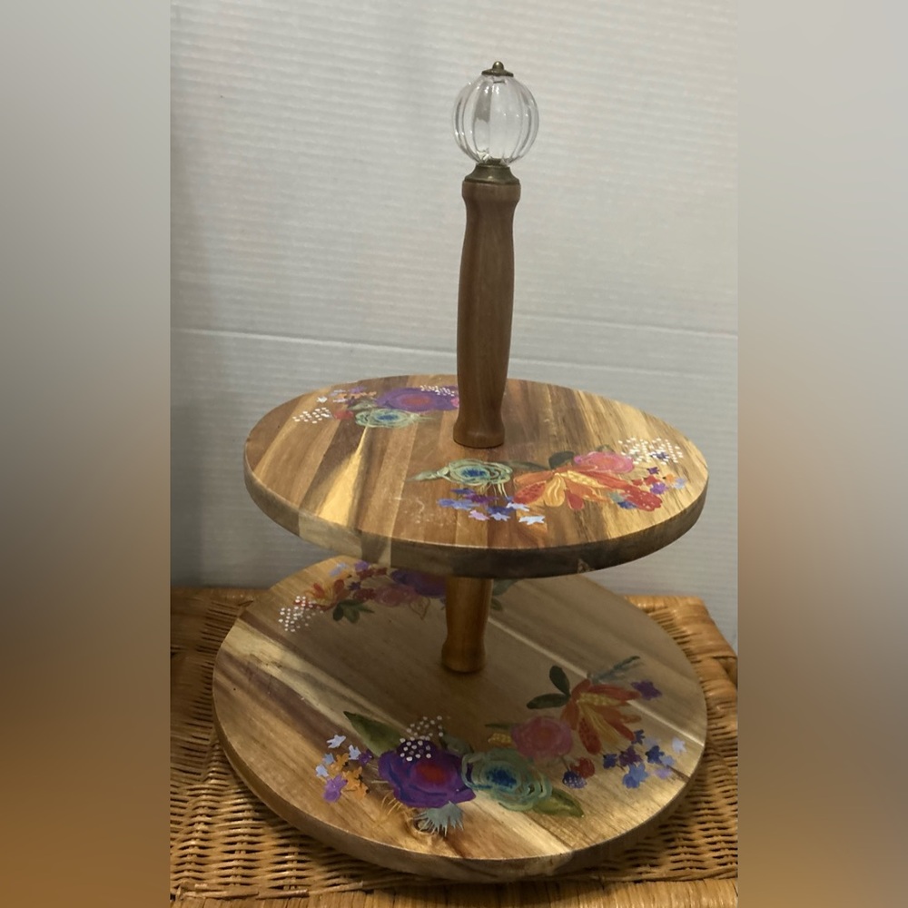 Pioneer Woman 2 Tier Lazy Susan Painted Floral on Acacia Wood Round
